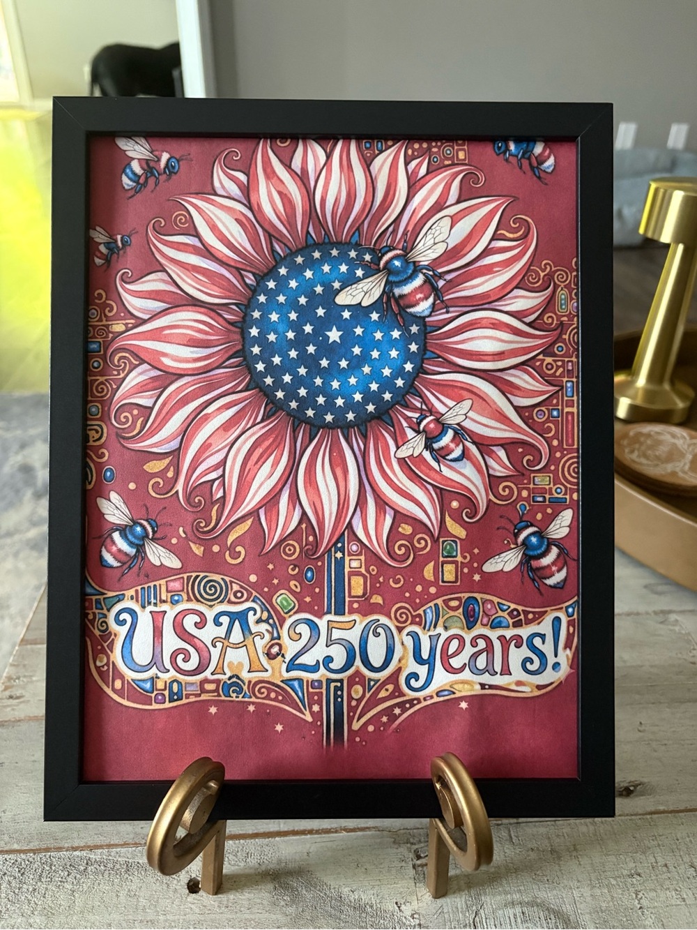 Patriotic Red Sunflower Print - USA 250 Years Framed 8x10 Art